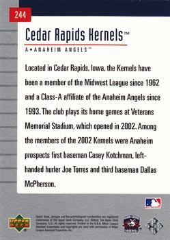 2002 Upper Deck Minor League #244 Cedar Rapids Kernels Back