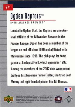 2002 Upper Deck Minor League #271 Ogden Raptors Back