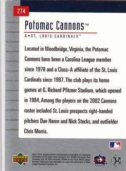 2002 Upper Deck Minor League #274 Potomac Cannons Back
