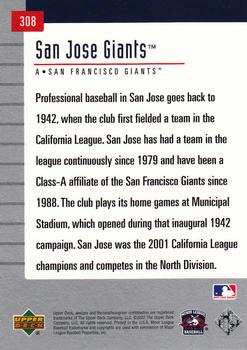 2002 Upper Deck Minor League #308 San Jose Giants Back