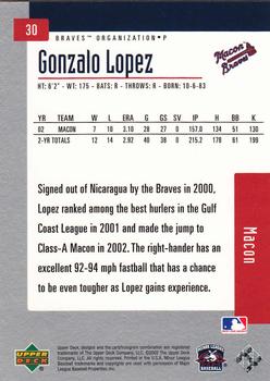 2002 Upper Deck Minor League #30 Gonzalo Lopez Back