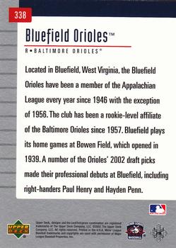 2002 Upper Deck Minor League #338 Bluefield Orioles Back