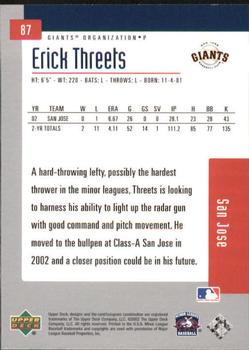2002 Upper Deck Minor League #87 Erick Threets Back
