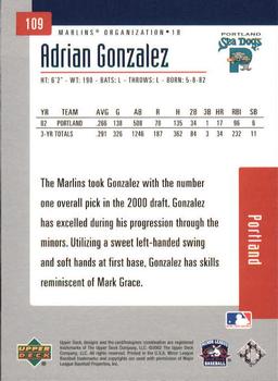 2002 Upper Deck Minor League #109 Adrian Gonzalez Back