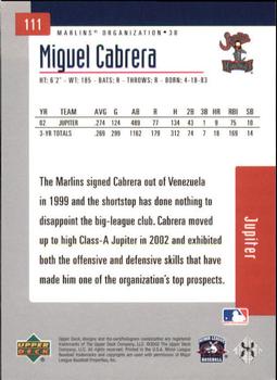2002 Upper Deck Minor League #111 Miguel Cabrera Back