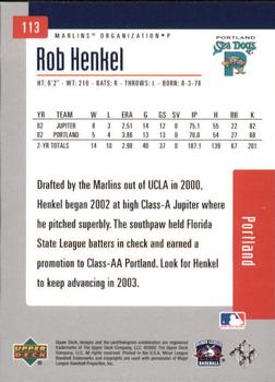 2002 Upper Deck Minor League #113 Rob Henkel Back