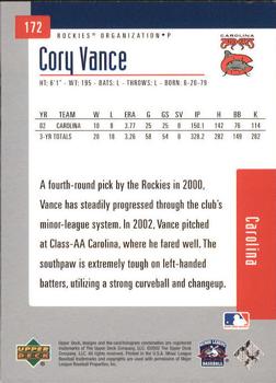 2002 Upper Deck Minor League #172 Cory Vance Back