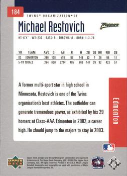 2002 Upper Deck Minor League #184 Michael Restovich Back