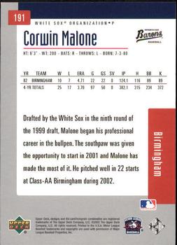 2002 Upper Deck Minor League #191 Corwin Malone Back
