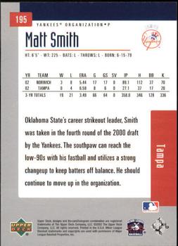 2002 Upper Deck Minor League #195 Matt Smith Back