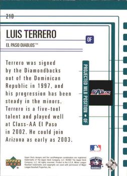 2002 Upper Deck Minor League #210 Luis Terrero Back