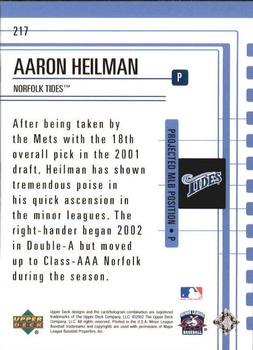 2002 Upper Deck Minor League #217 Aaron Heilman Back