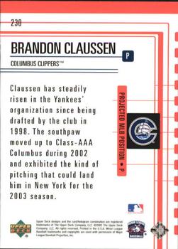 2002 Upper Deck Minor League #230 Brandon Claussen Back