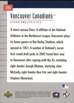 2002 Upper Deck Minor League #255 Vancouver Canadians Back