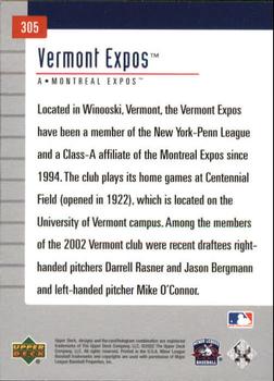 2002 Upper Deck Minor League #305 Vermont Expos Back