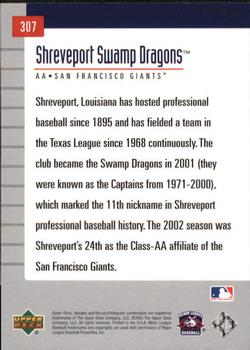 2002 Upper Deck Minor League #307 Shreveport Swamp Dragons Back