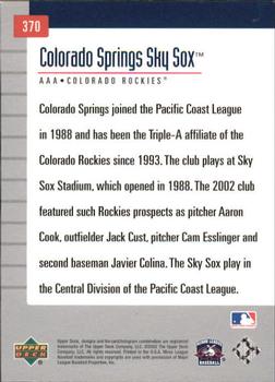 2002 Upper Deck Minor League #370 Colorado Springs Sky Sox Back