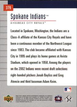 2002 Upper Deck Minor League #379 Spokane Indians Back