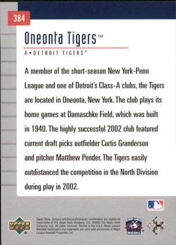 2002 Upper Deck Minor League #384 Oneonta Tigers Back