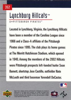 2002 Upper Deck Minor League #352 Lynchburg Hillcats Back