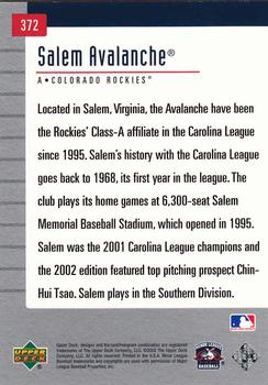 2002 Upper Deck Minor League #372 Salem Avalanche Back
