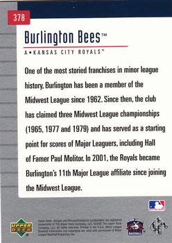 2002 Upper Deck Minor League #378 Burlington Bees Back