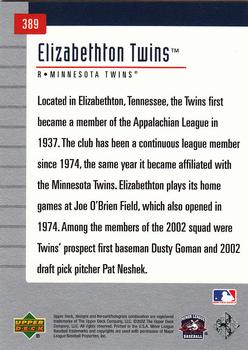 2002 Upper Deck Minor League #389 Elizabethton Twins Back