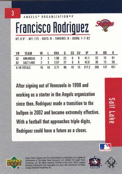 2002 Upper Deck Minor League #3 Francisco Rodriguez Back