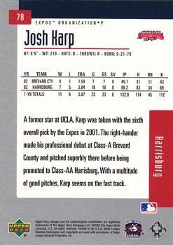 2002 Upper Deck Minor League #78 Josh Karp Back