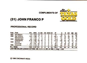 1986 Texas Gold Cincinnati Reds #NNO John Franco Back