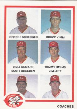 1986 Texas Gold Cincinnati Reds #NNO Reds Coaches (George Scherger / Bruce Kimm / Billy DeMars / Tommy Helms / Scott Breeden / Jim Lett) Front