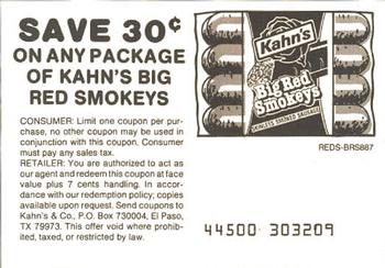 1987 Kahn's Cincinnati Reds #NNO4 Ad Card (Save 30 cents on Smokeys) Back