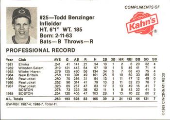 1989 Kahn's Cincinnati Reds #NNO Todd Benzinger Back