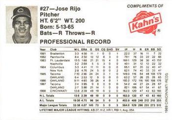 1989 Kahn's Cincinnati Reds #NNO Jose Rijo Back