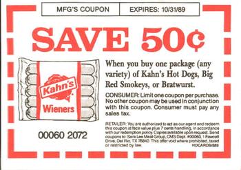 1989 Kahn's Cincinnati Reds #NNO2 Kahn's Coupon Back