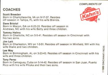 1989 Kahn's Cincinnati Reds #NNO Coaches Card (Scott Breeden / Dave Bristol / Tommy Helms / Jim Lett / Lee May / Tony Perez) Back
