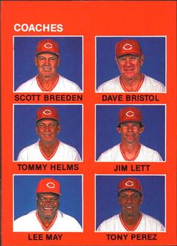 1989 Kahn's Cincinnati Reds #NNO Coaches Card (Scott Breeden / Dave Bristol / Tommy Helms / Jim Lett / Lee May / Tony Perez) Front