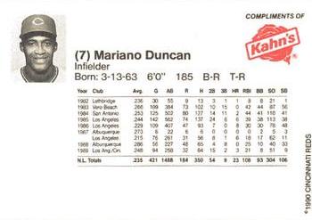 1990 Kahn's Cincinnati Reds #NNO Mariano Duncan Back