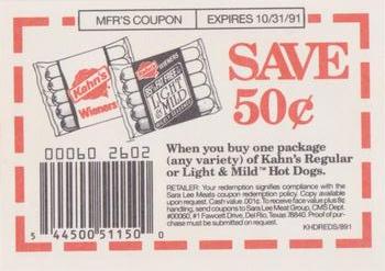 1991 Kahn's Cincinnati Reds #NNO Hot Dog Coupon Back