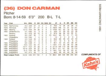 1991 Kahn's Cincinnati Reds #NNO Don Carman Back