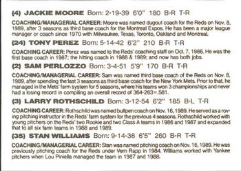 1991 Kahn's Cincinnati Reds #NNO Reds Coaches (Jackie Moore / Tony Perez / Sam Perlozzo / Stan Williams / Larry Rothschild) Back