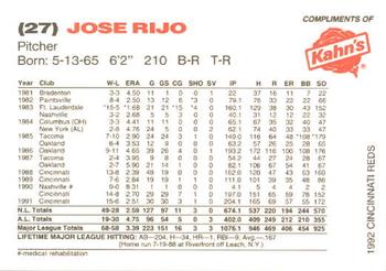 1992 Kahn's Cincinnati Reds #NNO Jose Rijo Back