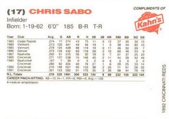 1992 Kahn's Cincinnati Reds #NNO Chris Sabo Back