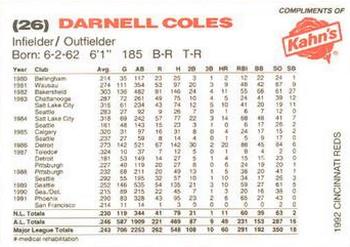 1992 Kahn's Cincinnati Reds #NNO Darnell Coles Back