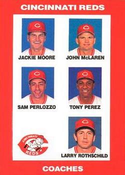 1992 Kahn's Cincinnati Reds #NNO Coaches Card (Jackie Moore / John McLaren / Sam Perlozzo / Tony Perez / Larry Rothschild) Front