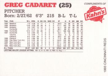 1993 Kahn's Cincinnati Reds #NNO Greg Cadaret Back