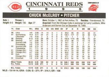 1995 Kahn's Cincinnati Reds #NNO Chuck McElroy Back