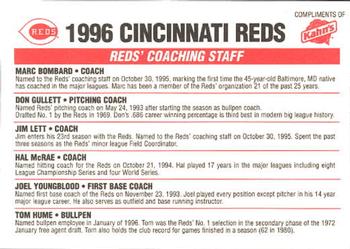 1996 Kahn's Cincinnati Reds #NNO Coaches (Marc Bombard / Don Gullett / Jim Lett / Hal McRae / Joel Youngblood / Tom Hume) Back