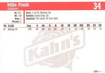 1998 Kahn's Cincinnati Reds #NNO Mike Frank Back