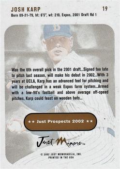 2002 Just Prospects #19 Josh Karp Back